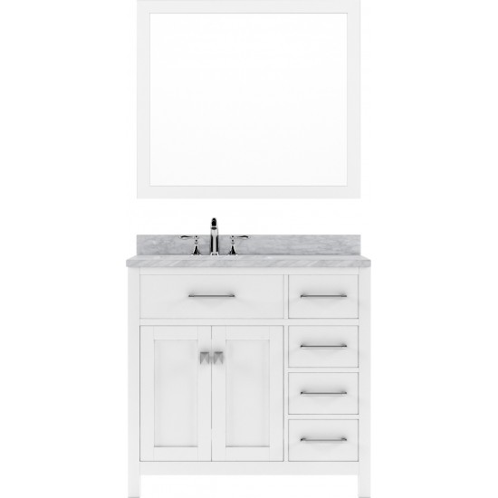 Caroline Parkway 36" Single Bath Vanity in White with White Marble Top and Square Sink with Brushed Nickel Faucet and Mirror