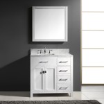 Caroline Parkway 36" Single Bath Vanity in White with White Marble Top and Square Sink with Polished Chrome Faucet and Mirror