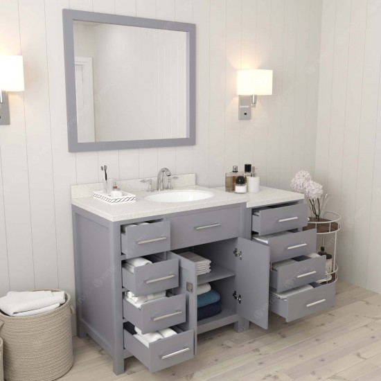 Caroline Parkway 57" Single Bath Vanity in Gray with White Quartz Top and Round Sink and Matching Mirror