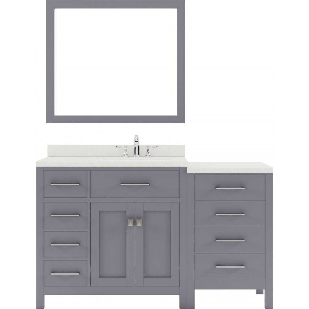 Caroline Parkway 57" Single Bath Vanity in Gray with White Quartz Top and Round Sink with Brushed Nickel Faucet and Mirror