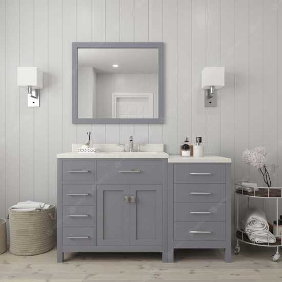 Caroline Parkway 57" Single Bath Vanity in Gray with White Quartz Top and Round Sink with Polished Chrome Faucet and Mirror