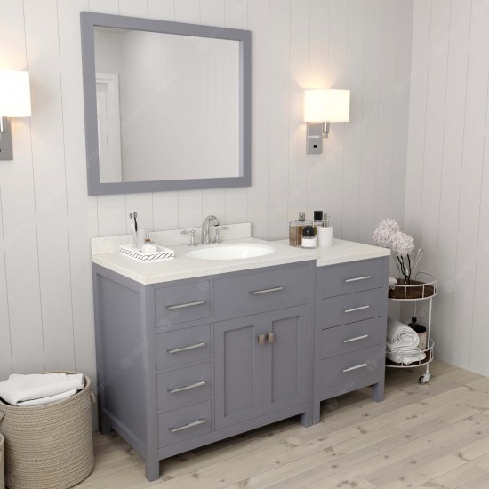 Caroline Parkway 57" Single Bath Vanity in Gray with White Quartz Top and Round Sink with Polished Chrome Faucet and Mirror