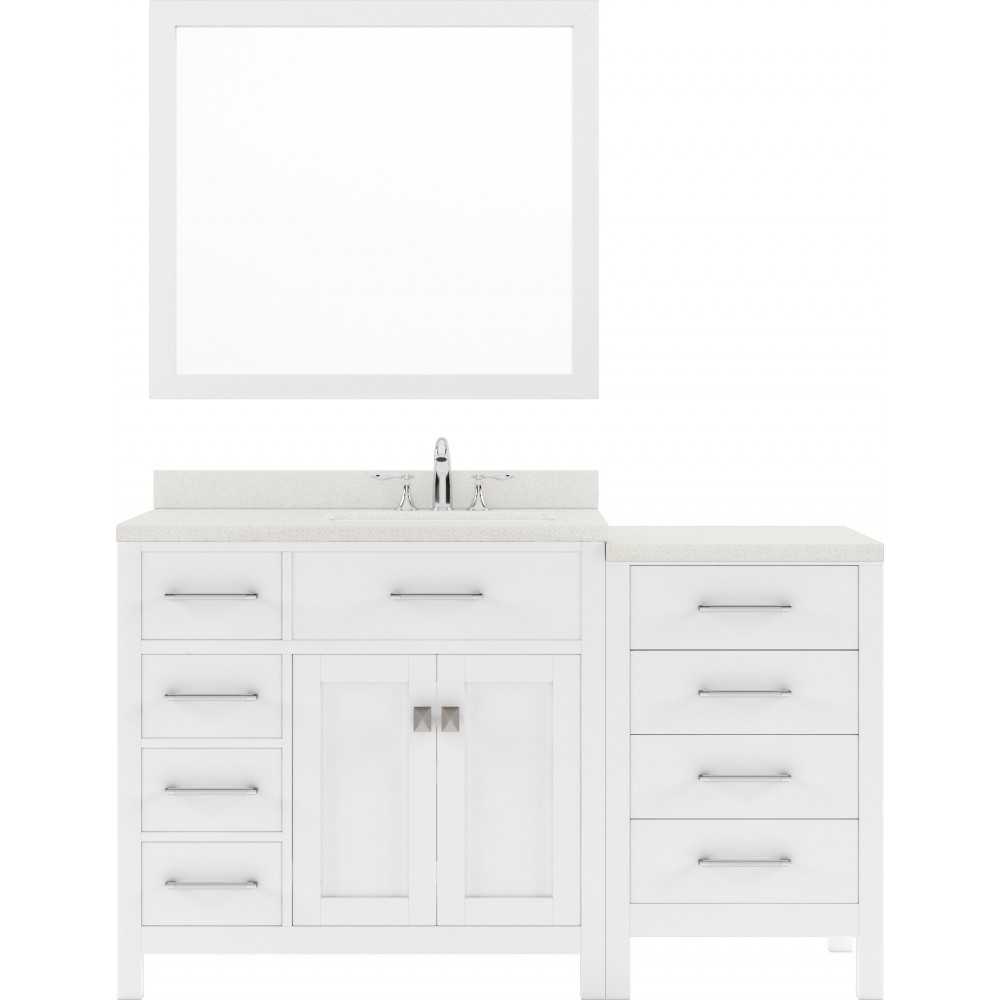 Caroline Parkway 57" Single Bath Vanity in White with White Quartz Top and Round Sink and Matching Mirror