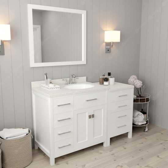 Caroline Parkway 57" Single Bath Vanity in White with White Quartz Top and Round Sink with Brushed Nickel Faucet and Mirror