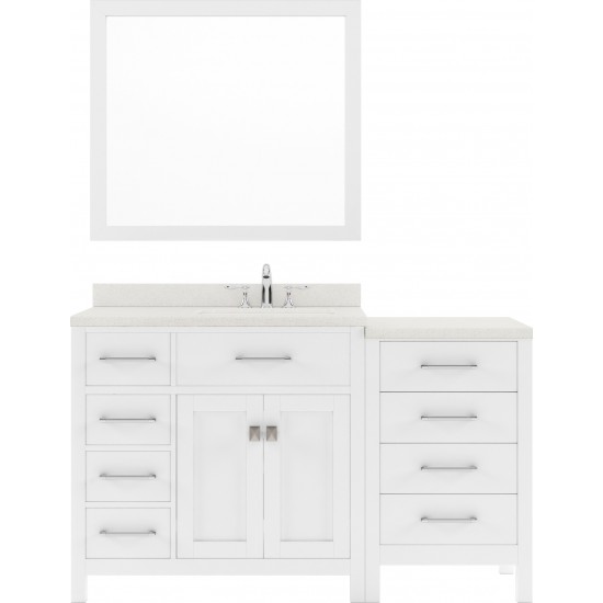 Caroline Parkway 57" Single Bath Vanity in White with White Quartz Top and Round Sink with Polished Chrome Faucet and Mirror