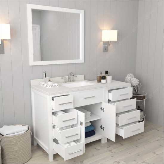 Caroline Parkway 57" Single Bath Vanity in White with White Quartz Top and Square Sink with Polished Chrome Faucet and Mirror