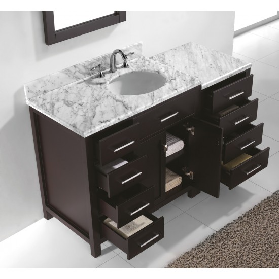 Caroline Parkway 57" Single Bath Vanity in Espresso with White Marble Top and Round Sink and Matching Mirror