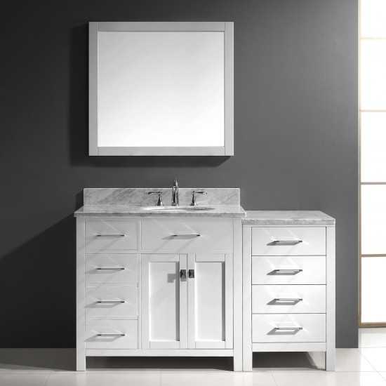 Caroline Parkway 57" Single Bath Vanity in White with White Marble Top and Round Sink and Matching Mirror