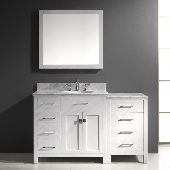 Caroline Parkway 57" Single Bath Vanity in White with White Marble Top and Round Sink with Polished Chrome Faucet and Mirror