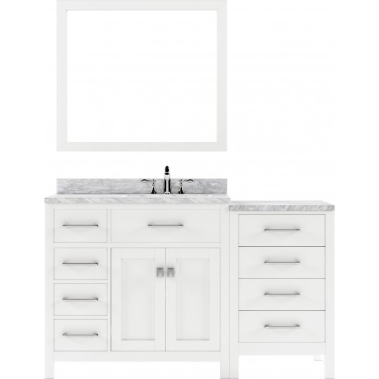 Caroline Parkway 57" Single Bath Vanity in White with White Marble Top and Square Sink with Polished Chrome Faucet and Mirror