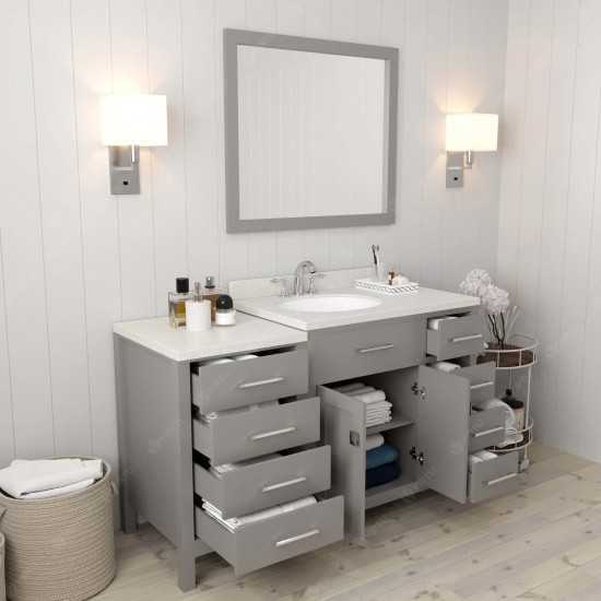 Caroline Parkway 57" Single Bath Vanity in Cashmere Gray with White Quartz Top and Round Sink and Matching Mirror