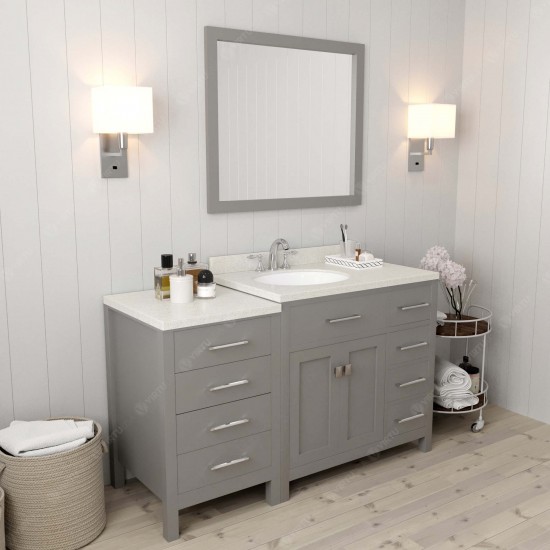 Caroline Parkway 57" Single Vanity in Cashmere Gray with White Quartz Top and Round Sink with Brushed Nickel Faucet and Mirro