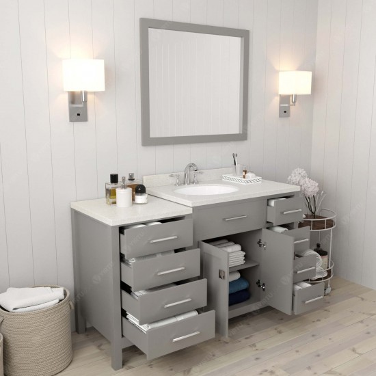 Caroline Parkway 57" Single Vanity in Cashmere Gray with White Quartz Top and Round Sink with Polished Chrome Faucet and Mirr