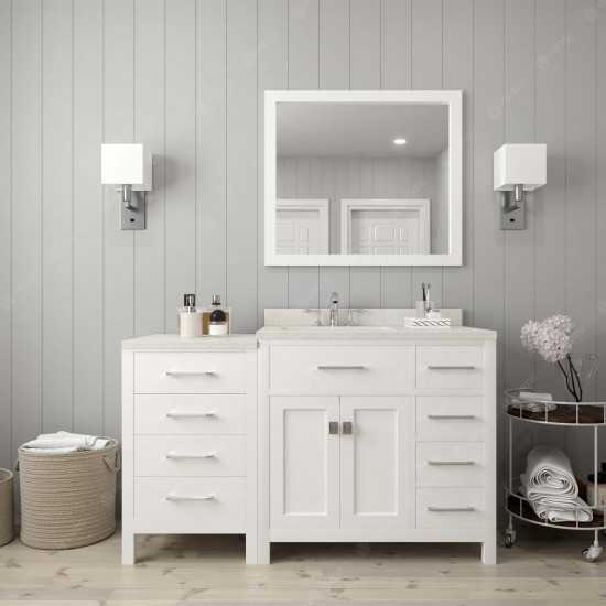 Caroline Parkway 57" Single Bath Vanity in White with White Quartz Top and Round Sink and Matching Mirror