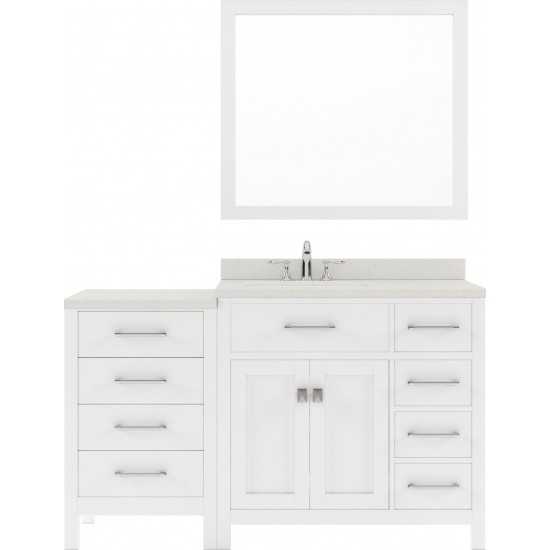 Caroline Parkway 57" Single Bath Vanity in White with White Quartz Top and Round Sink with Polished Chrome Faucet and Mirror