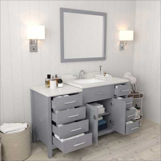 Caroline Parkway 57" Single Bath Vanity in Gray with White Quartz Top and Square Sink with Brushed Nickel Faucet and Mirror