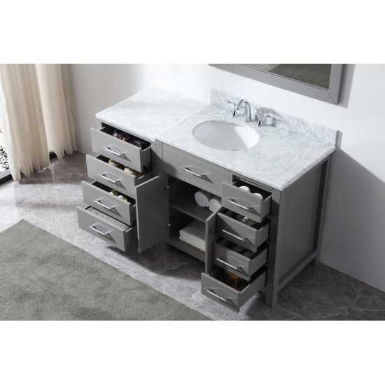 Caroline Parkway 57" Single Bath Vanity in Cashmere Gray with White Marble Top and Round Sink and Matching Mirror