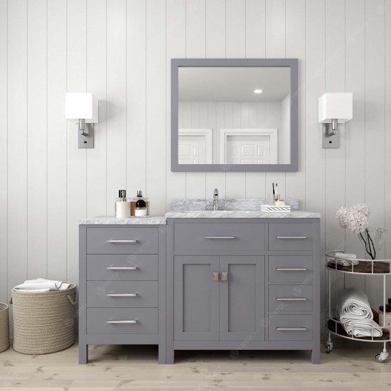 Caroline Parkway 57" Single Bath Vanity in Gray with White Marble Top and Round Sink with Brushed Nickel Faucet and Mirror