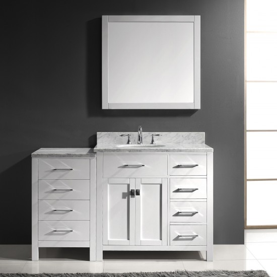 Caroline Parkway 57" Single Bath Vanity in White with White Marble Top and Round Sink with Brushed Nickel Faucet and Mirror