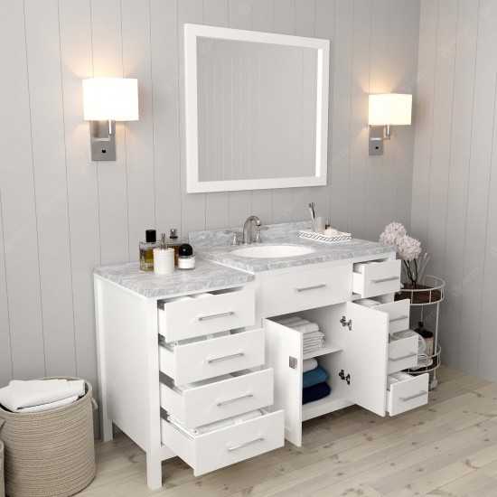 Caroline Parkway 57" Single Bath Vanity in White with White Marble Top and Round Sink with Brushed Nickel Faucet and Mirror