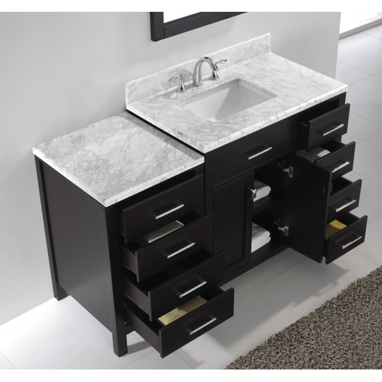 Caroline Parkway 57" Single Bath Vanity in Espresso with White Marble Top and Square Sink and Matching Mirror