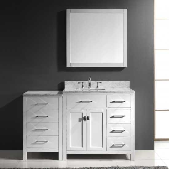 Caroline Parkway 57" Single Bath Vanity in White with White Marble Top and Square Sink with Brushed Nickel Faucet and Mirror