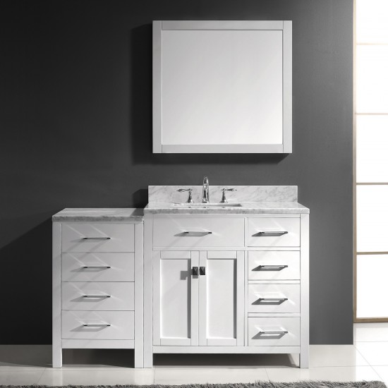 Caroline Parkway 57" Single Bath Vanity in White with White Marble Top and Square Sink with Polished Chrome Faucet and Mirror