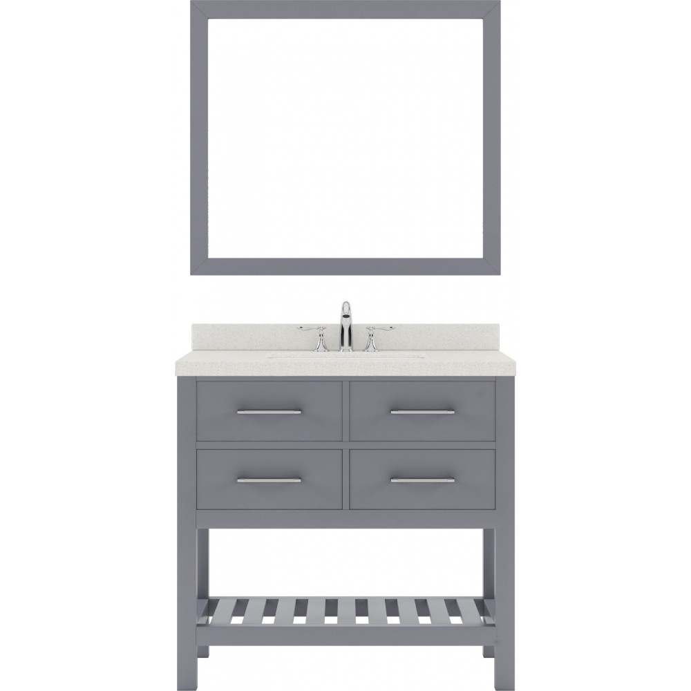 Caroline Estate 36" Single Bath Vanity in Gray with White Quartz Top and Round Sink and Matching Mirrors