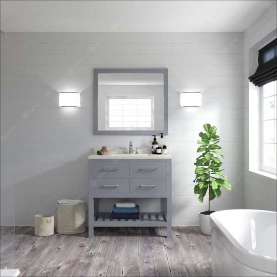 Caroline Estate 36" Single Bath Vanity in Gray with White Quartz Top and Round Sink with Brushed Nickel Faucet and Mirrors