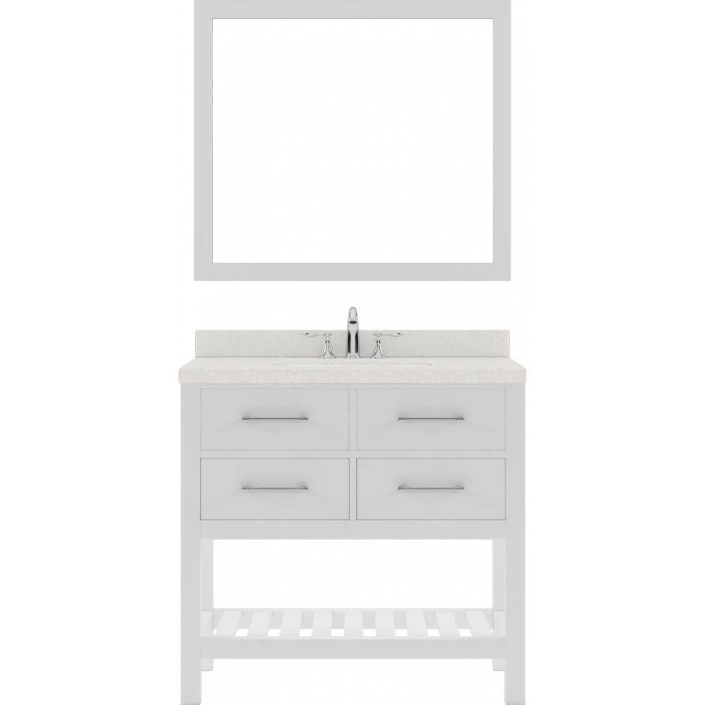 Caroline Estate 36" Single Bath Vanity in White with White Quartz Top and Round Sink with Polished Chrome Faucet and Mirrors