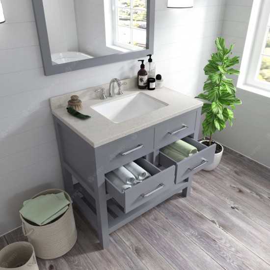 Caroline Estate 36" Single Bath Vanity in Gray with White Quartz Top and Square Sink with Brushed Nickel Faucet and Mirrors