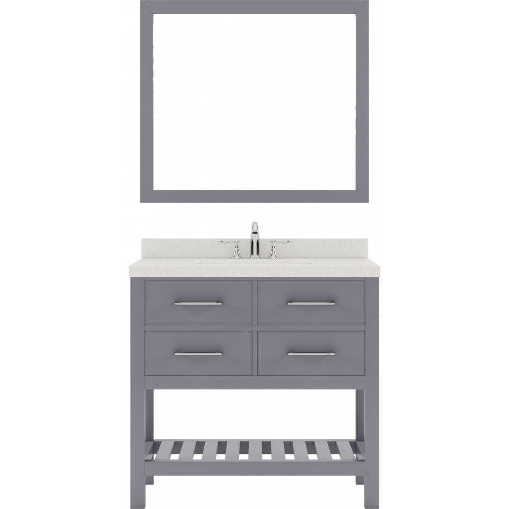 Caroline Estate 36" Single Bath Vanity in Gray with White Quartz Top and Square Sink with Polished Chrome Faucet and Mirrors