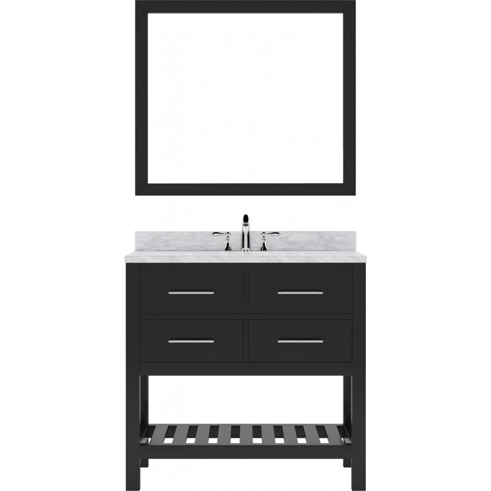 Caroline Estate 36" Single Bath Vanity in Espresso with White Marble Top and Round Sink with Brushed Nickel Faucet and Mirror