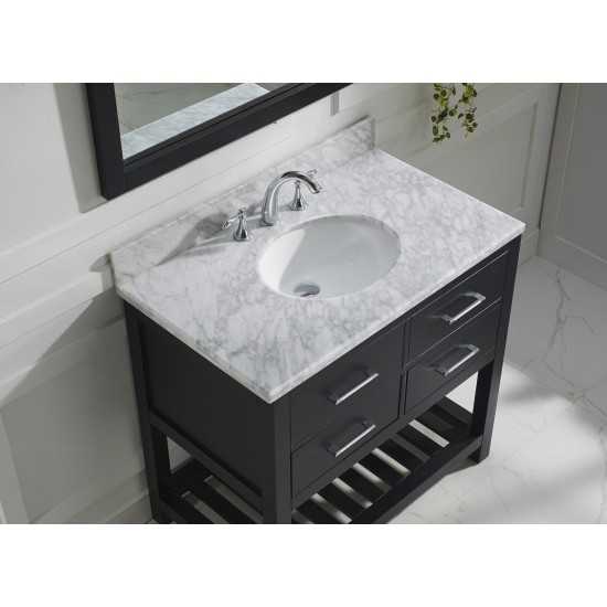 Caroline Estate 36" Single Bath Vanity in Espresso with White Marble Top and Round Sink with Brushed Nickel Faucet and Mirror