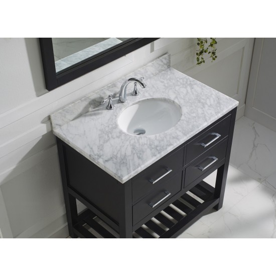 Caroline Estate 36" Single Bath Vanity in Espresso with White Marble Top and Round Sink with Polished Chrome Faucet and Mirro