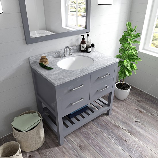 Caroline Estate 36" Single Bath Vanity in Gray with White Marble Top and Round Sink with Brushed Nickel Faucet and Mirrors