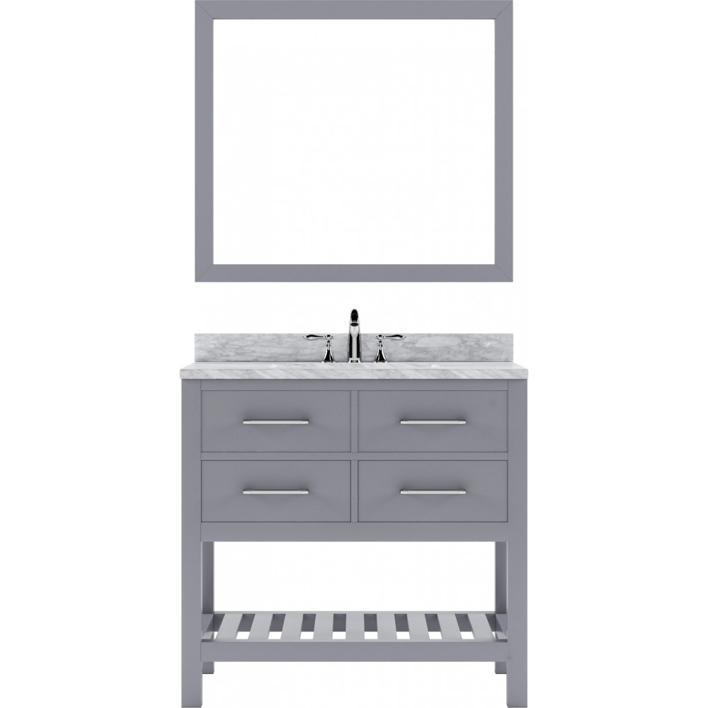 Caroline Estate 36" Single Bath Vanity in Gray with White Marble Top and Round Sink with Polished Chrome Faucet and Mirrors