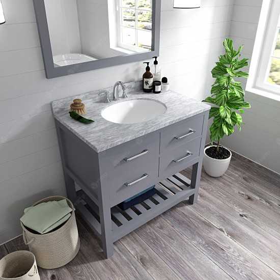 Caroline Estate 36" Single Bath Vanity in Gray with White Marble Top and Round Sink with Polished Chrome Faucet and Mirrors