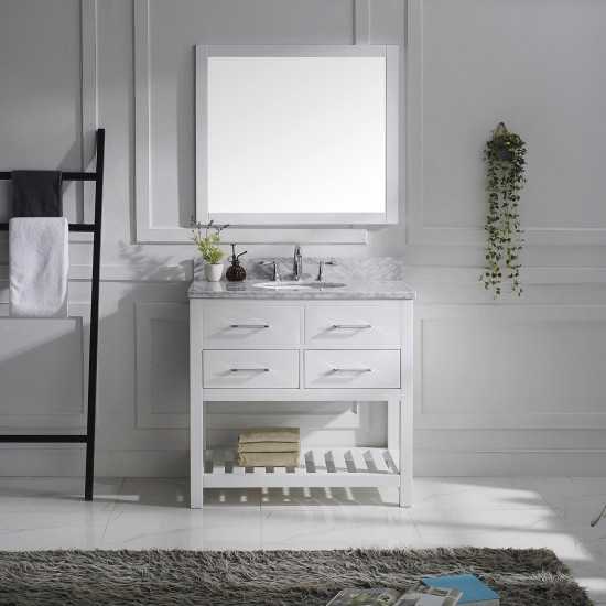 Caroline Estate 36" Single Bath Vanity in White with White Marble Top and Round Sink and Matching Mirrors