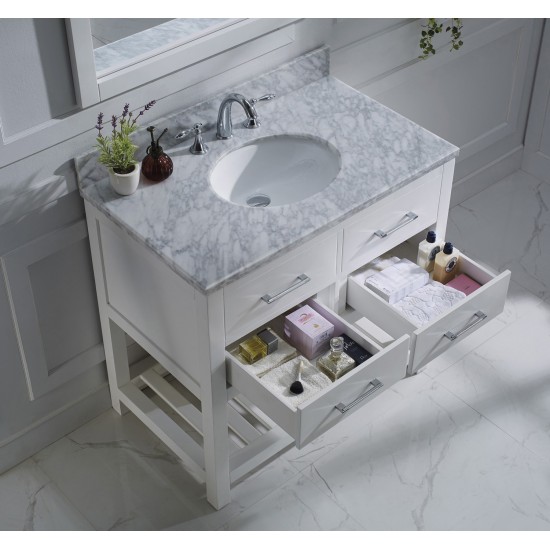 Caroline Estate 36" Single Bath Vanity in White with White Marble Top and Round Sink with Polished Chrome Faucet and Mirrors