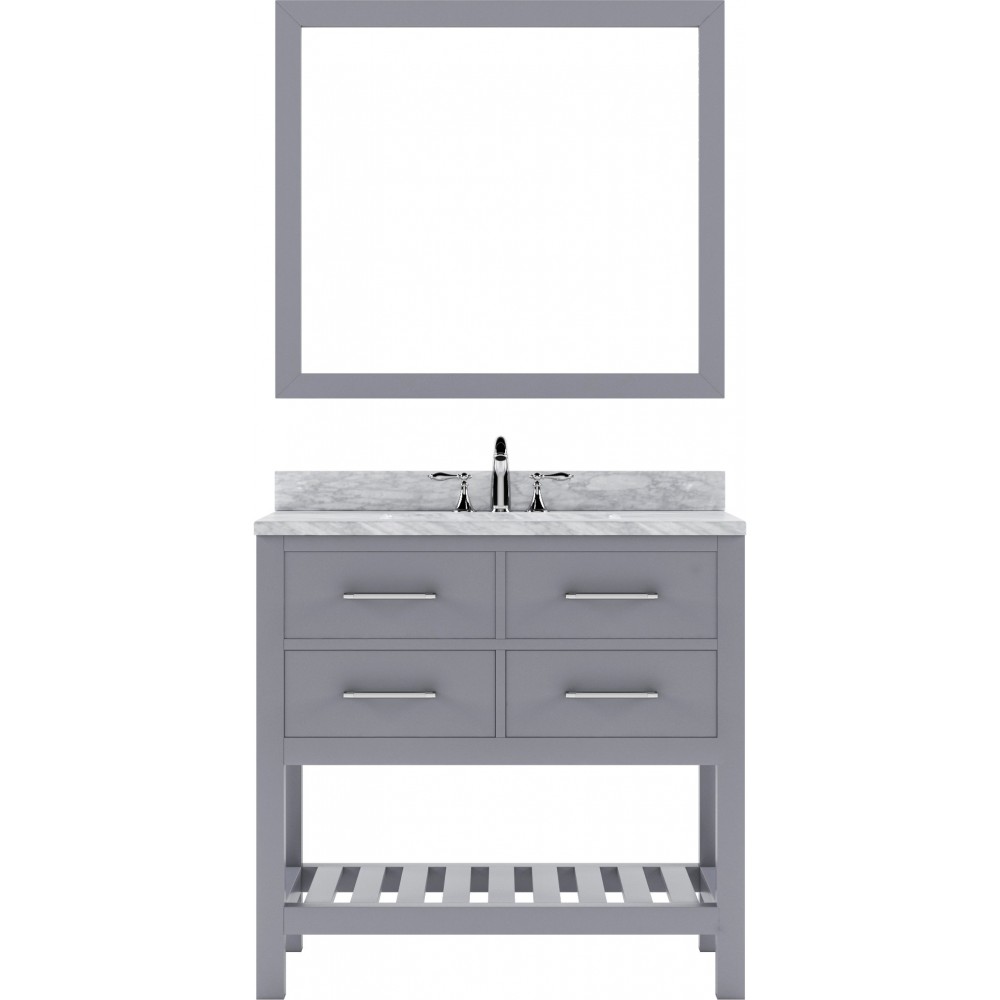 Caroline Estate 36" Single Bath Vanity in Gray with White Marble Top and Square Sink and Matching Mirrors