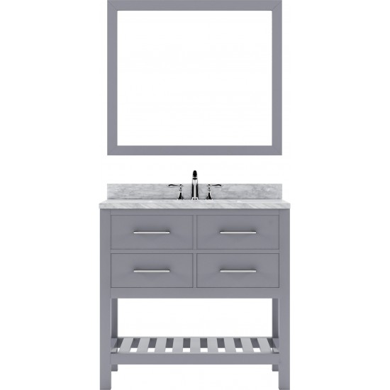 Caroline Estate 36" Single Bath Vanity in Gray with White Marble Top and Square Sink with Brushed Nickel Faucet and Mirrors