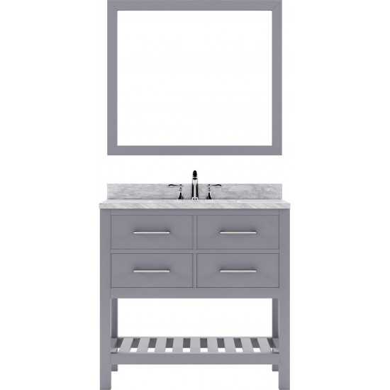 Caroline Estate 36" Single Bath Vanity in Gray with White Marble Top and Square Sink with Polished Chrome Faucet and Mirrors