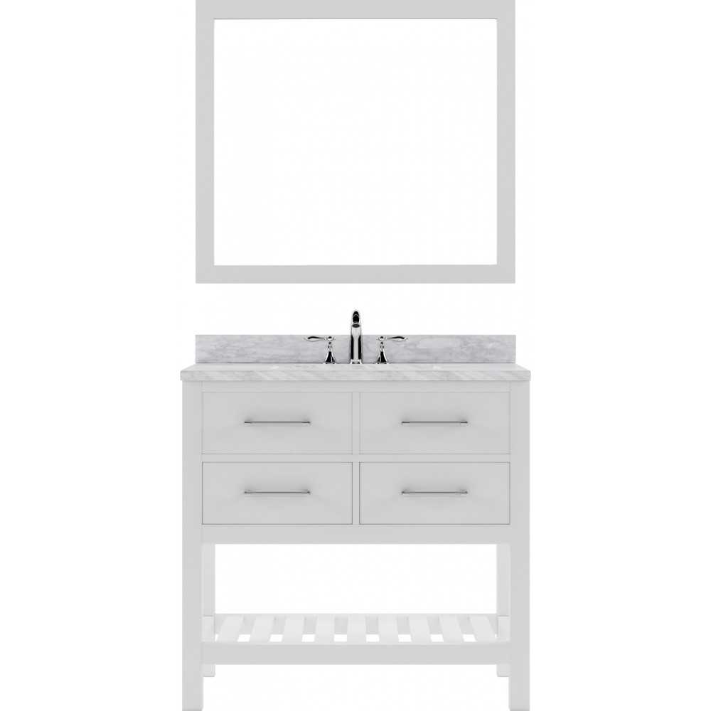 Caroline Estate 36" Single Bath Vanity in White with White Marble Top and Square Sink with Brushed Nickel Faucet and Mirrors