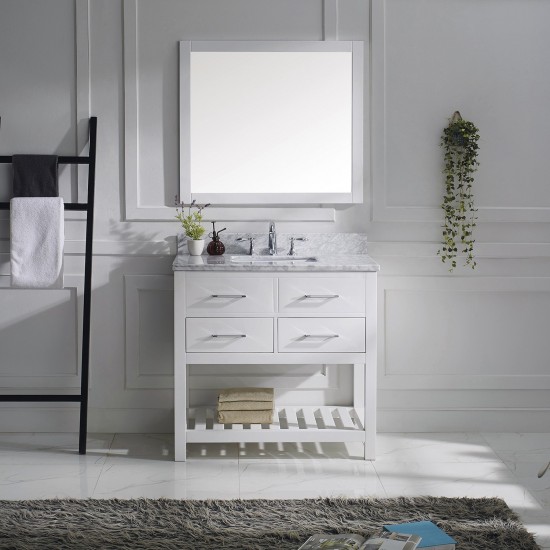 Caroline Estate 36" Single Bath Vanity in White with White Marble Top and Square Sink with Brushed Nickel Faucet and Mirrors