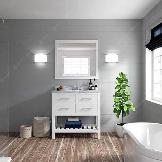 Caroline Estate 36" Single Bath Vanity in White with White Marble Top and Square Sink with Brushed Nickel Faucet and Mirrors