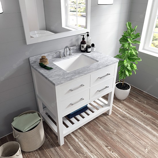 Caroline Estate 36" Single Bath Vanity in White with White Marble Top and Square Sink with Brushed Nickel Faucet and Mirrors
