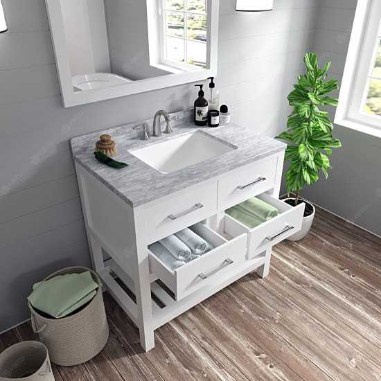 Caroline Estate 36" Single Bath Vanity in White with White Marble Top and Square Sink with Brushed Nickel Faucet and Mirrors
