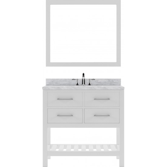 Caroline Estate 36" Single Bath Vanity in White with White Marble Top and Square Sink with Polished Chrome Faucet and Mirrors