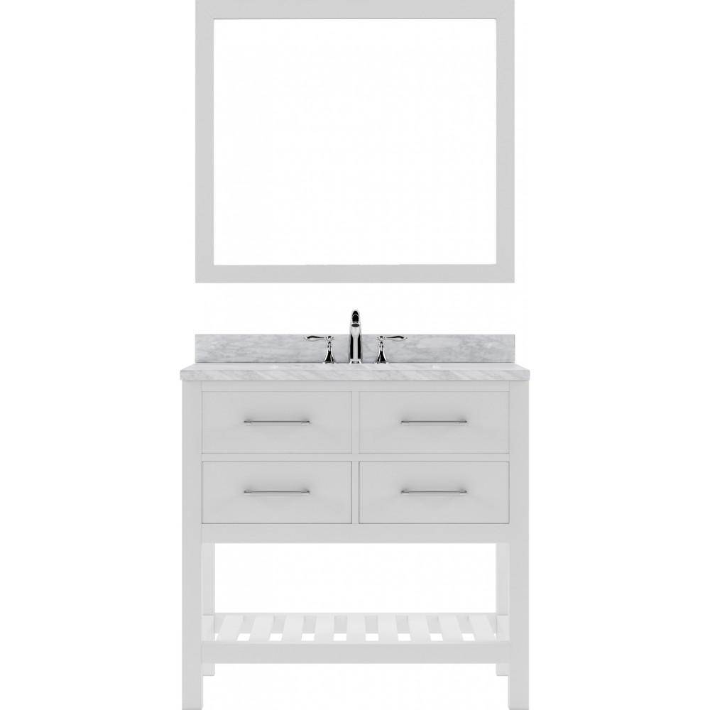 Caroline Estate 36" Single Bath Vanity in White with White Marble Top and Square Sink with Polished Chrome Faucet and Mirrors